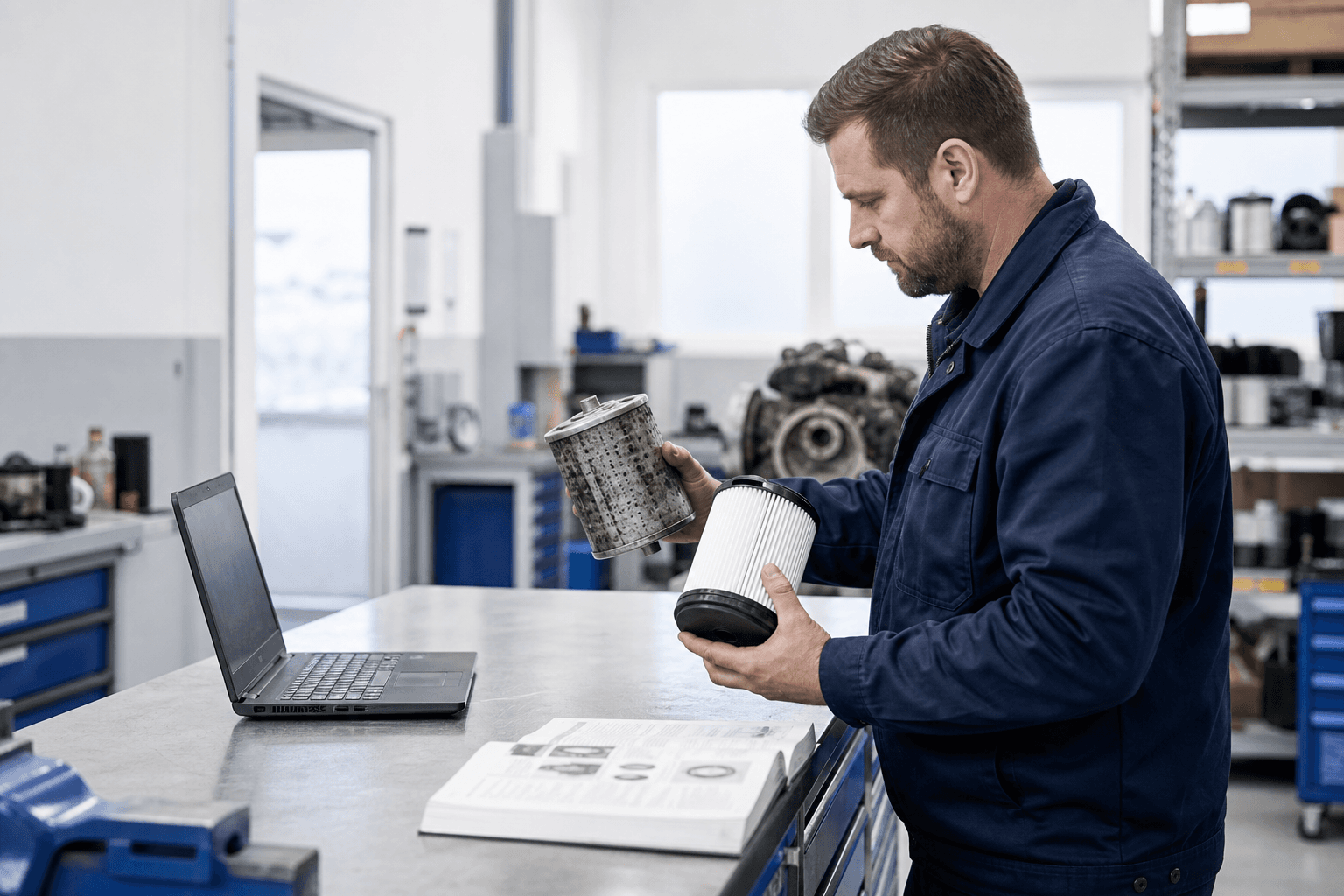 Workshop specialist comparing a used filter with a clean replacement