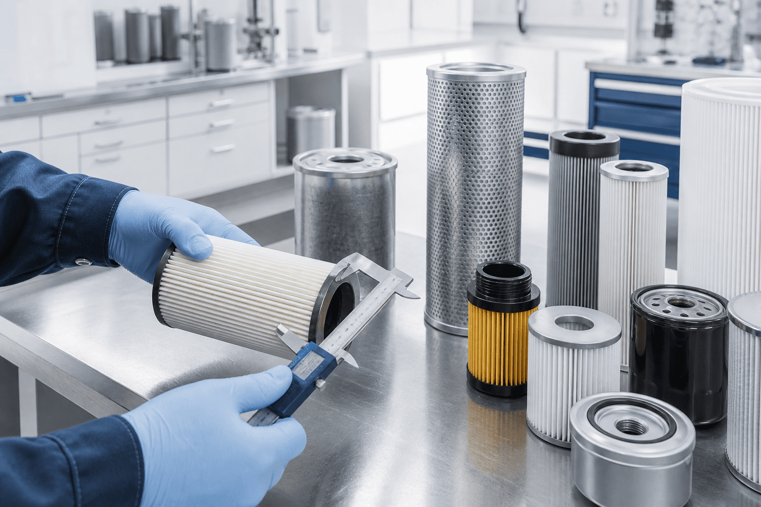 Industrial filter element being measured with precision calipers in a filtration laboratory