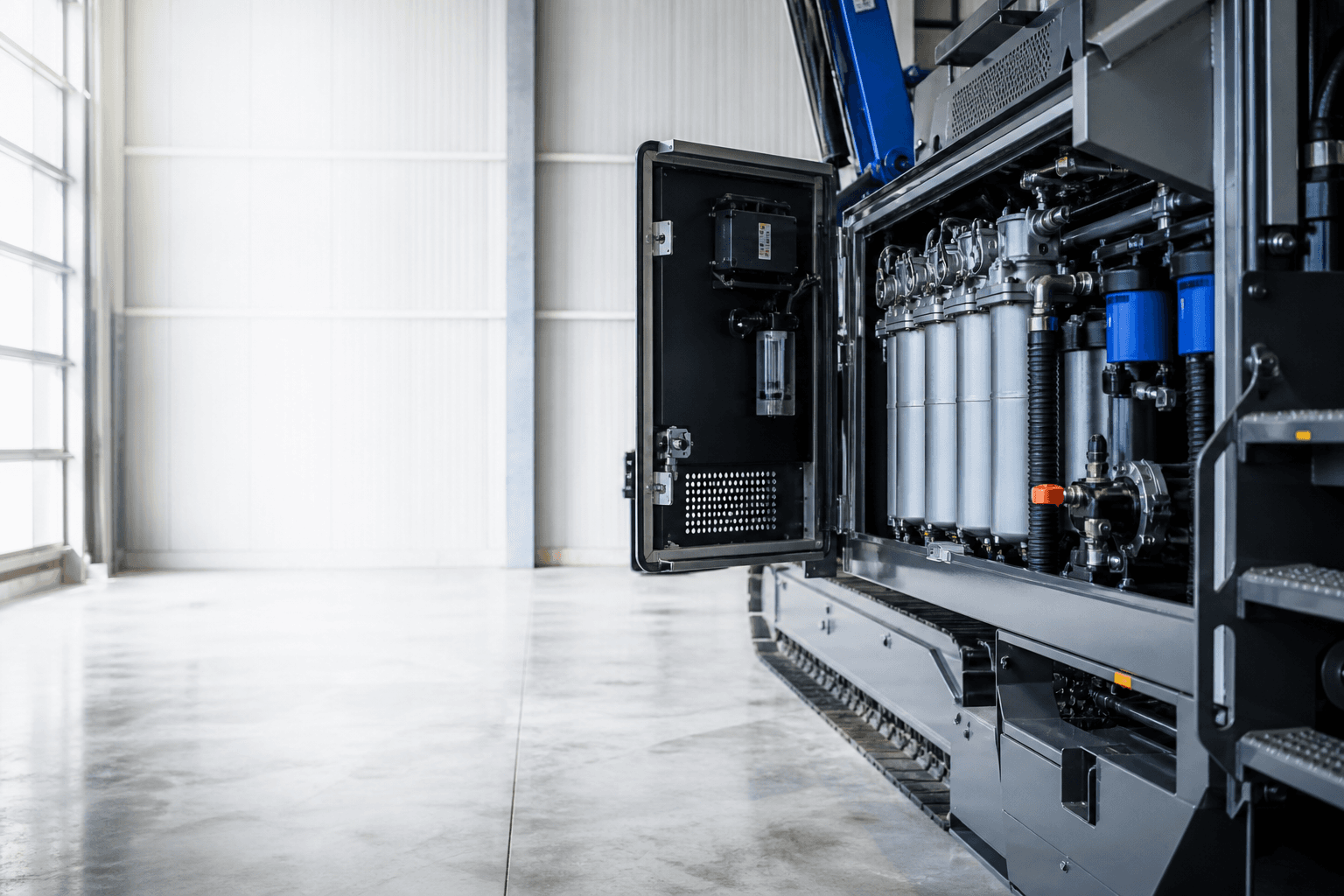 Industrial filtration assembly with service panels open inside a bright maintenance facility
